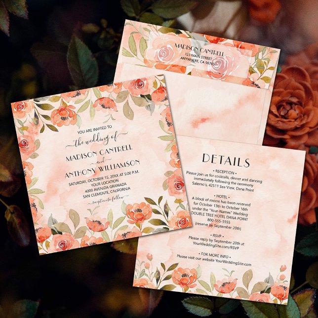Chic Watercolor Blommigt Bröllop all in one Inbjudningar (Watercolor orange floral all-in-one wedding invitations (envelopes sold separately.))
