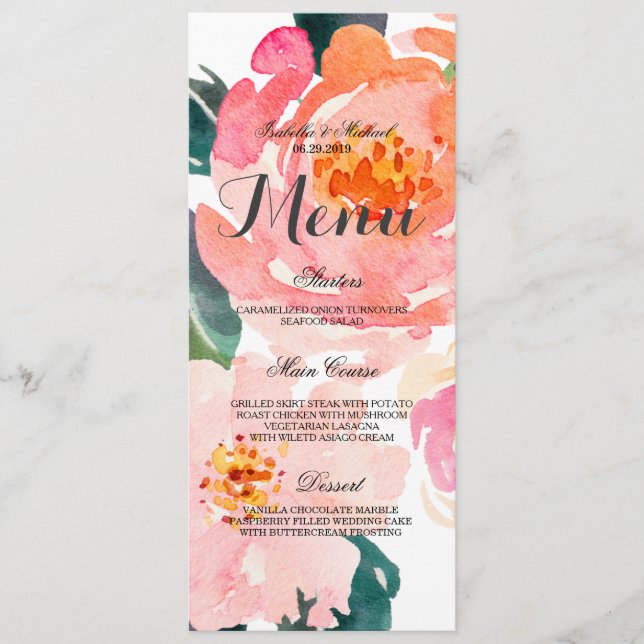 Chic Watercolor Blommigt Bröllop Menu Meny (Framsida)