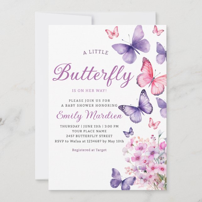 Chic Watercolor Blommigt Butterfly Girl Baby Showe Inbjudningar (Framsida)