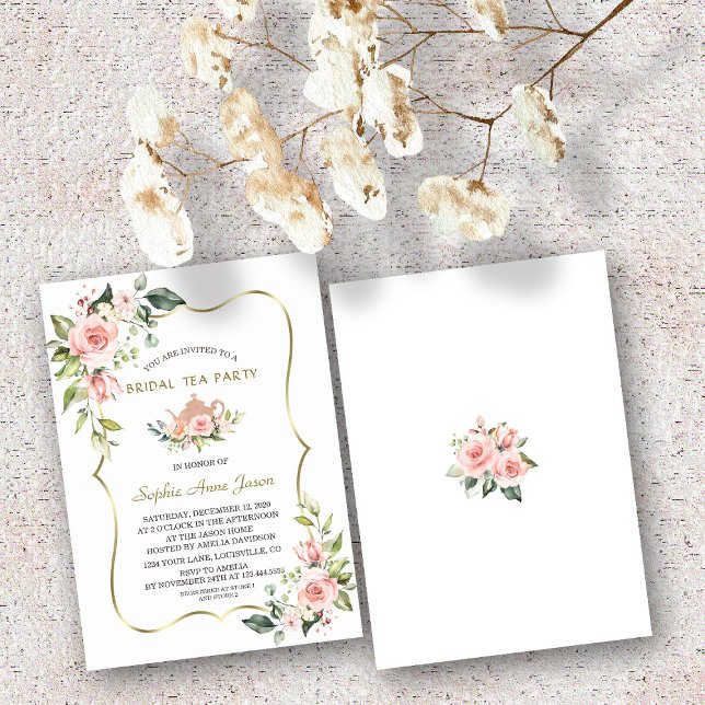 Chic Watercolor  Blommigt Guld Möhippa Tea Party Inbjudningar (Skapare uppladdad)