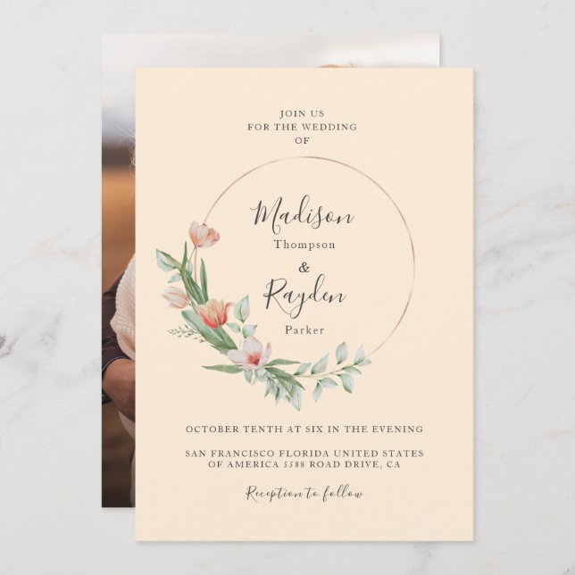 Chic Watercolor Blommigt Ring Gräns Beige Bröllop  Inbjudningar (Fram/baksida)