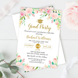 Chic Watercolor Blommigt Rosa Guld Studentfest Inbjudningar