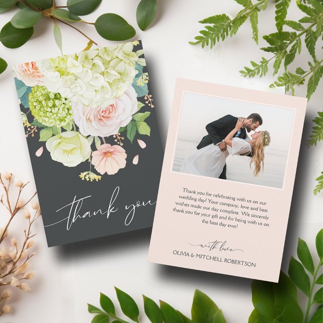 Chic Watercolor Blommigts Bröllop Photo Tack Kort (Chic Watercolor Florals Wedding Photo Thank You Cards)
