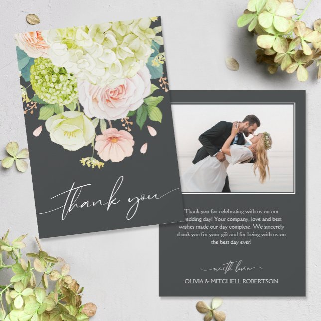 Chic Watercolor Blommigts Bröllop Photo Tack Kort (Watercolor florals on front and your photo and message on the back, flat wedding thank you cards)