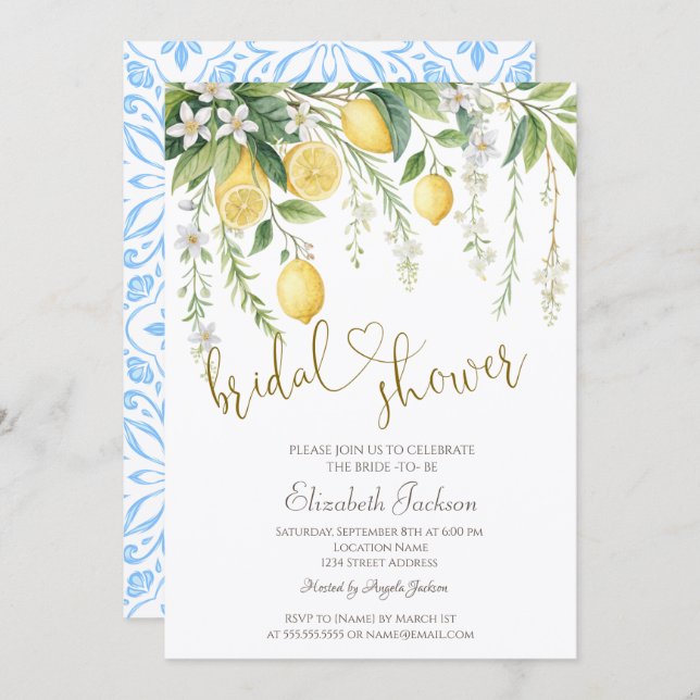 Chic Watercolor Blooming Lemons Bridal Shower  Inbjudningar (Fram/baksida)