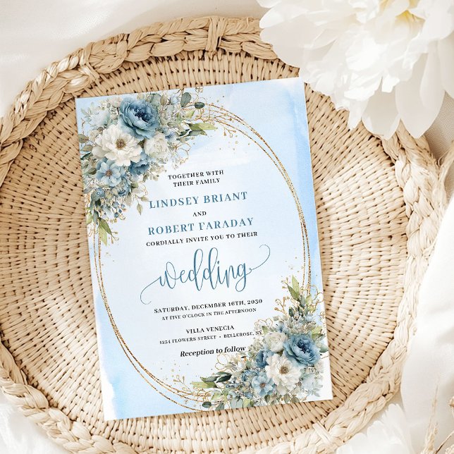 Chic Watercolor Blue Flowers Gold Glitter Wedding Inbjudningar (Watercolor Blue Flowers Gold Glitter Wedding Invite)