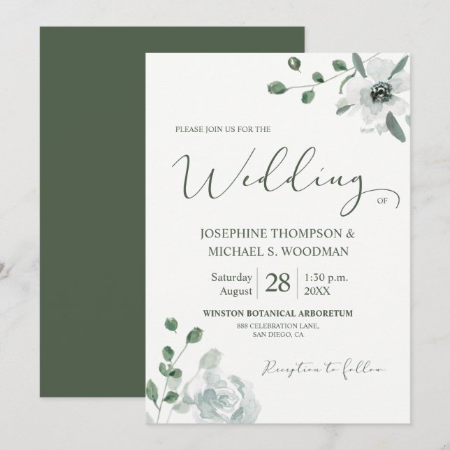 Chic Watercolor Botanical Grönt Bröllop-skript Inbjudningar (Fram/baksida)