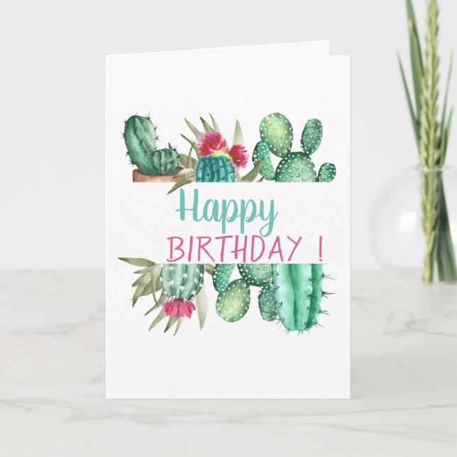 Chic Watercolor Cactus Birthday Kort (Framsida)
