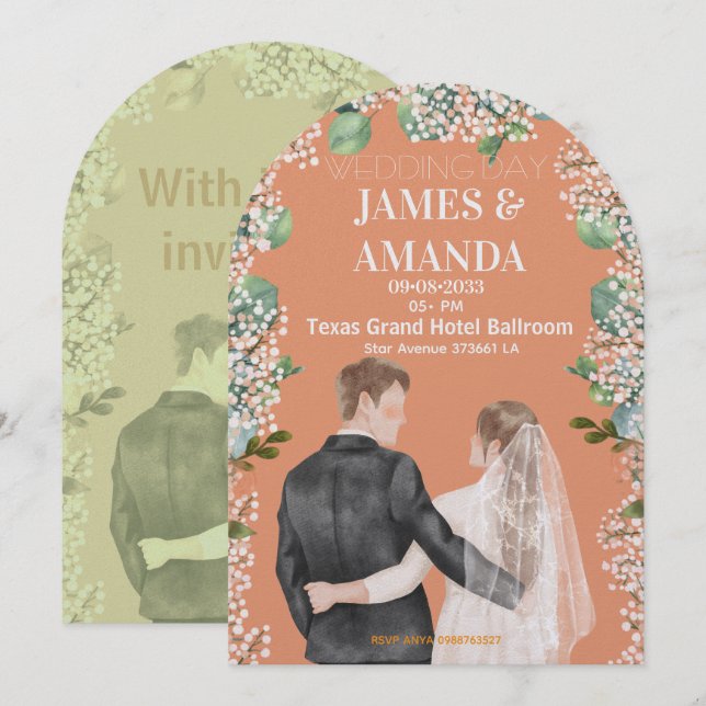 Chic Watercolor Couple On Budget Wedding  Inbjudningar (Fram/baksida)