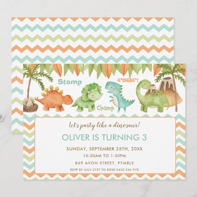 Chic Watercolor Cute Dinosaur Boy Birthday Inbjudningar (Fram/baksida)