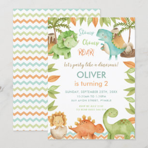 Chic Watercolor Cute Dinosaur Boy Birthday Inbjudningar