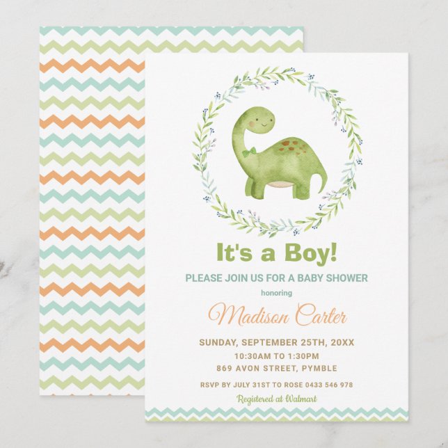 Chic Watercolor Cute Dinosaur Boy Shower Inbjudningar (Fram/baksida)
