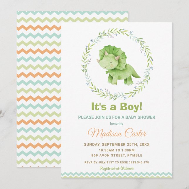 Chic Watercolor Cute Dinosaur Boy Shower Inbjudningar (Fram/baksida)