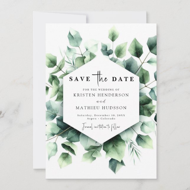 Chic Watercolor Eucalyptus Digital Bröllop Spara Datumet (Framsida)