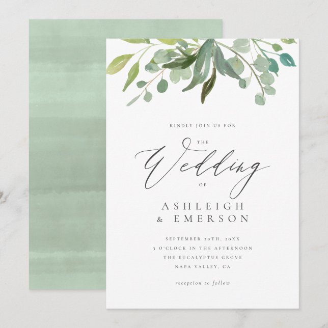Chic Watercolor Eucalyptus Greenery Summer Bröllop Inbjudningar (Fram/baksida)