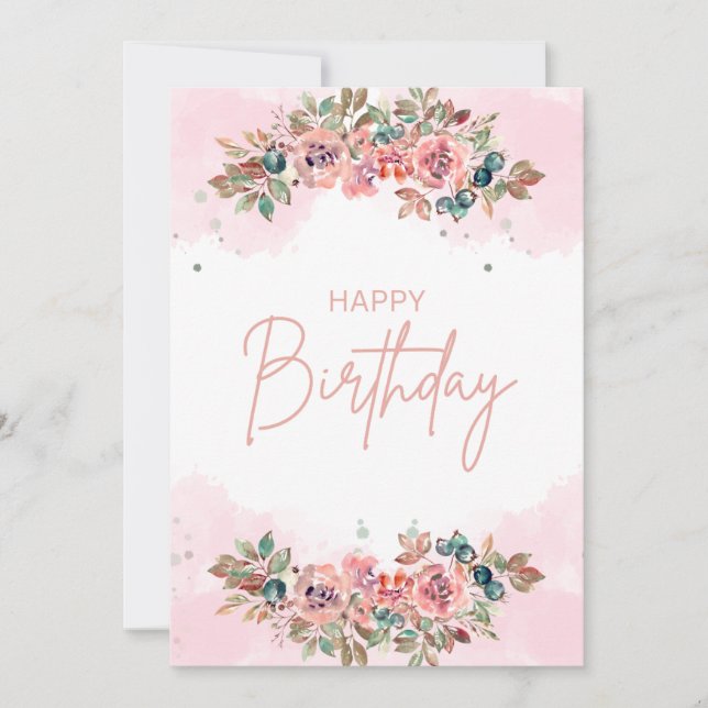 Chic Watercolor Flora Birthday Kort (Framsida)