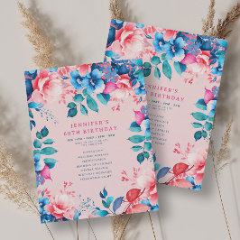 Chic Watercolor Floral 60th Birthday Program Blush