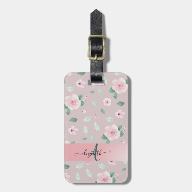Chic Watercolor Flowers Monogram Bagagebricka (Vertikal Framsida)