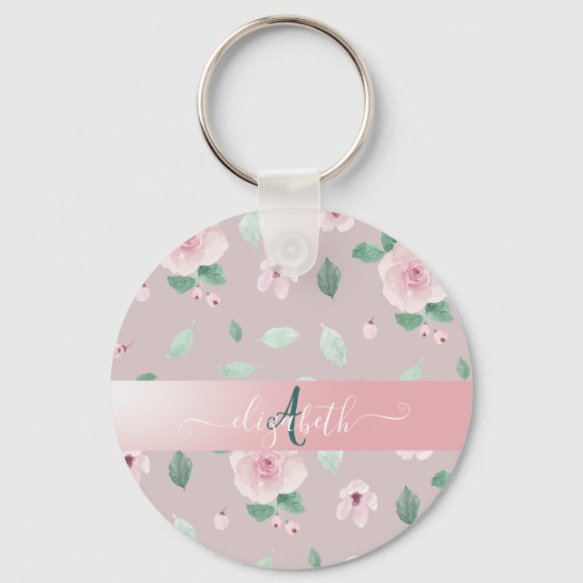 Chic Watercolor Flowers Monogram Nyckelring (Framsida)