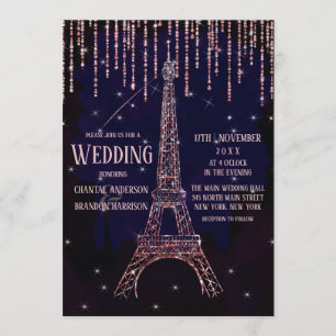 Chic Watercolor Glitter Paris Eiffel Torn Bröllop Inbjudningar