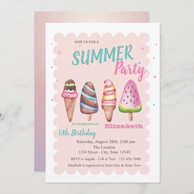 Chic Watercolor Ice creams Summer Födelsedagsfest Inbjudningar (Fram/baksida)