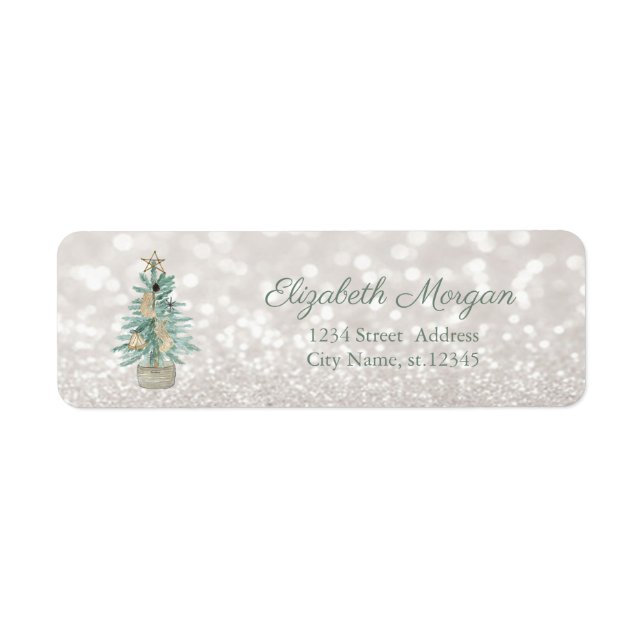 Chic Watercolor Julgran, Glittery Bokeh Returadress Etikett (Framsidan)