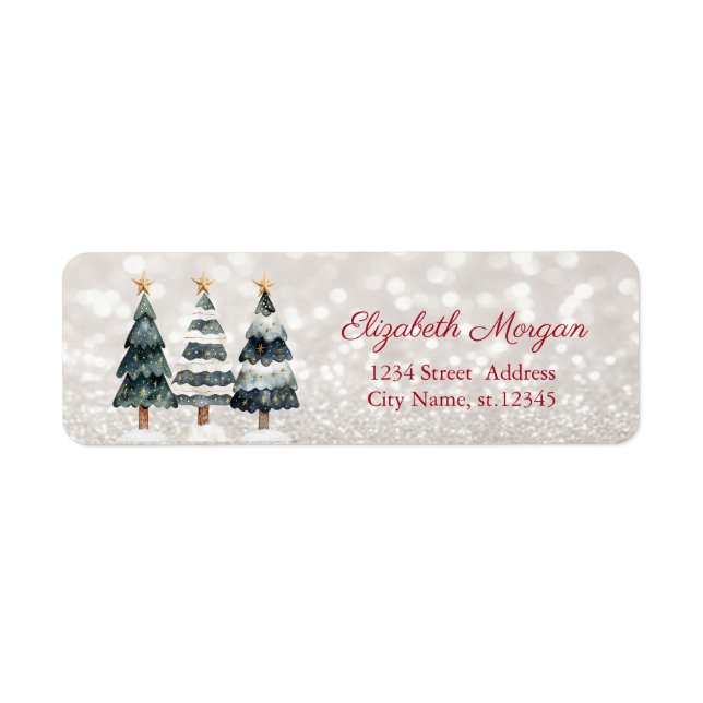 Chic Watercolor Julgranar, Bokeh Returadress Etikett (Framsidan)