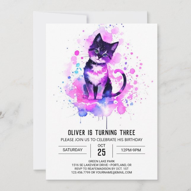 Chic Watercolor Kattunge Birthday Inbjudningar (Framsida)
