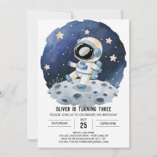 Chic Watercolor Kids Astronaut Boy Birthday Inbjudningar