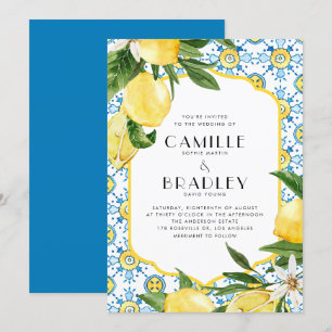 Chic Watercolor Lemon Mediterranean Summer Bröllop Inbjudningar