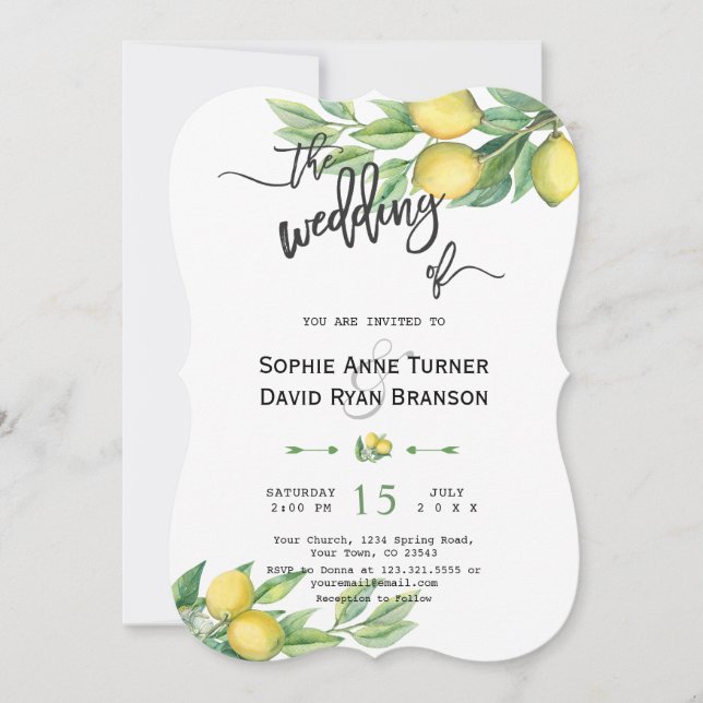Chic Watercolor Lemon Tropical Handwrite Bröllop Inbjudningar (Framsida)