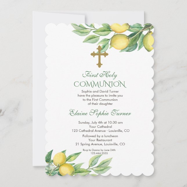 Chic Watercolor Lemon Tropical Heliga Communion Inbjudningar (Framsida)