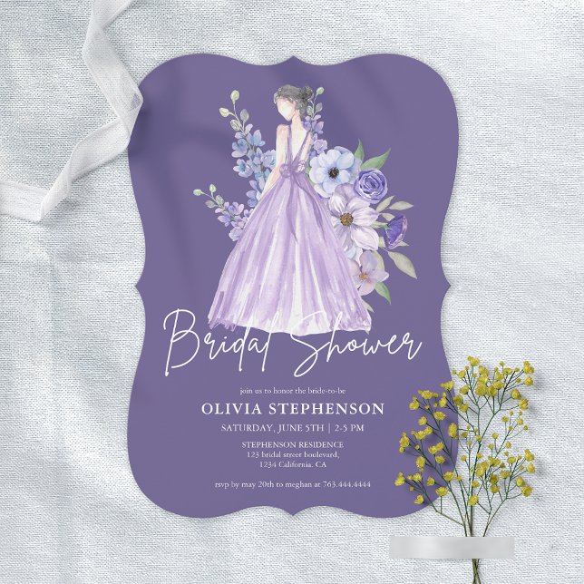 Chic Watercolor Lila Flower Script Möhippa Inbjudningar (Chic Watercolor Purple Flower Script Bridal Shower Invitation)