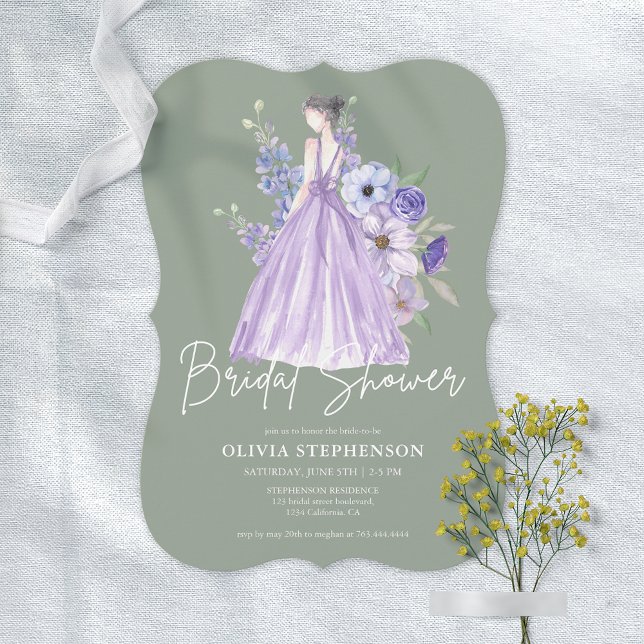 Chic Watercolor Lila Flower Script Möhippa Inbjudningar (Chic Watercolor Purple Flower Script Bridal Shower Invitation)
