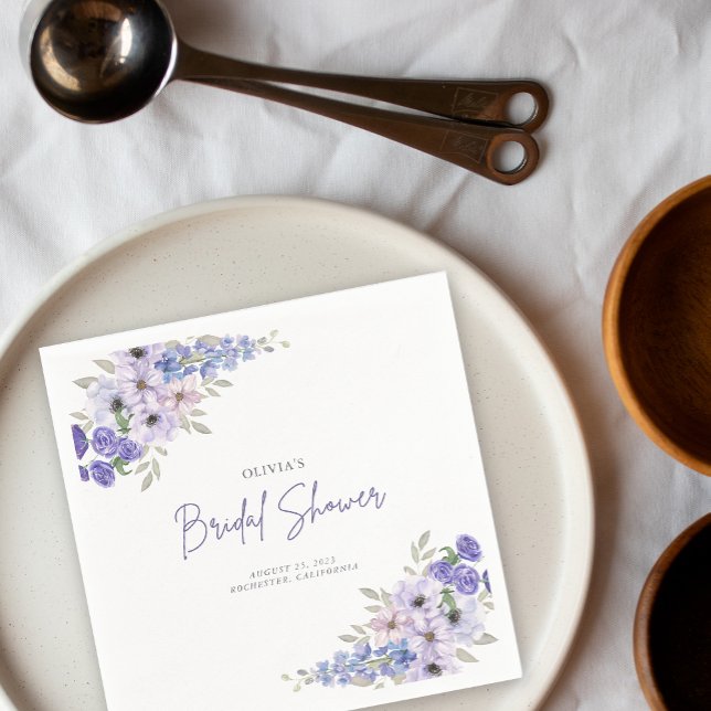 Chic Watercolor Lila Flower Script Möhippa Pappersservett (Chic Watercolor Purple Flower Script Bridal Shower Napkins)