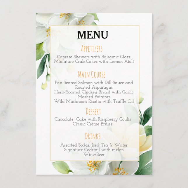 Chic Watercolor Magnolia & Jasmine Bröllop Menu Meny (Framsida)
