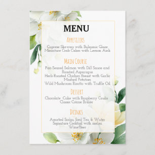 Chic Watercolor Magnolia & Jasmine Bröllop Menu Meny