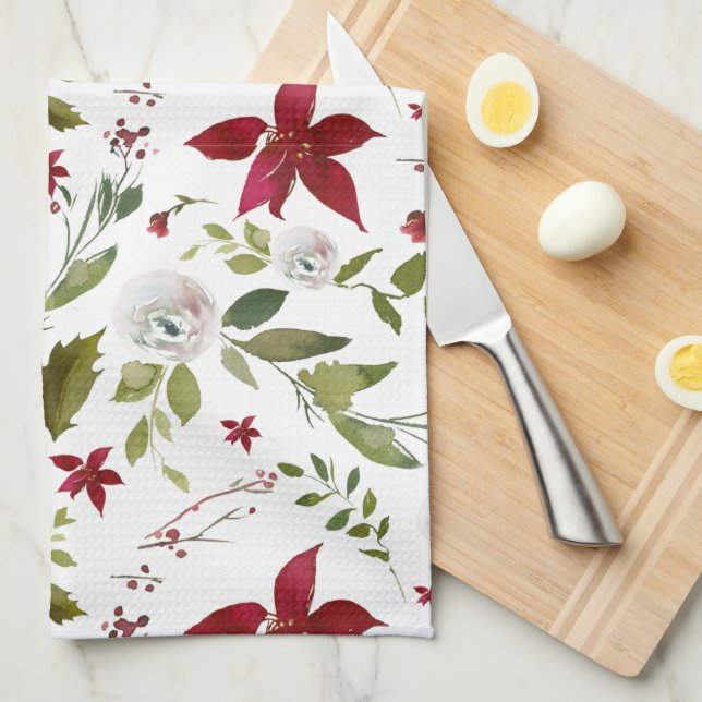 Chic Watercolor Poinsettia Blommigt Monogram Kökshandduk (Vikt i Fjärdedel)
