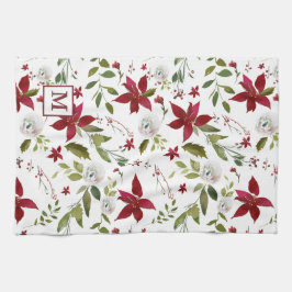 Chic Watercolor Poinsettia Blommigt Monogram Kökshandduk