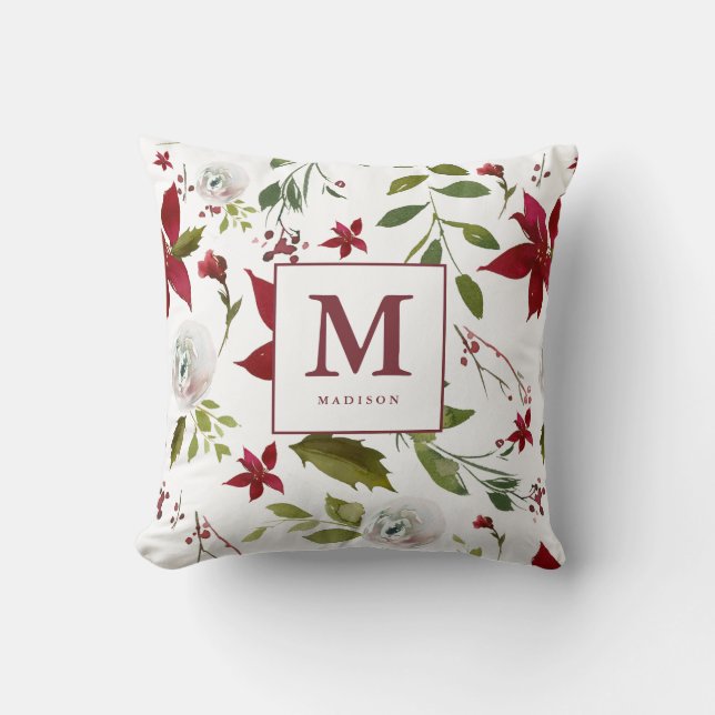 Chic Watercolor Poinsettia Blommigt Monogram Namn Kudde (Framsida)