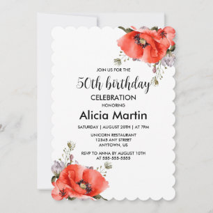 Chic Watercolor Red Poppy Grey 50:e födelsedagen Inbjudningar