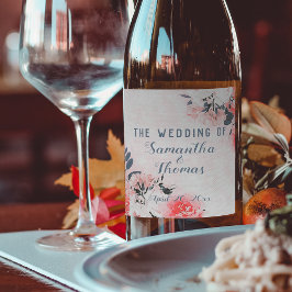 Chic Watercolor Rosa Beige Cream Blommigt Bouquet Vinflaska Etikett