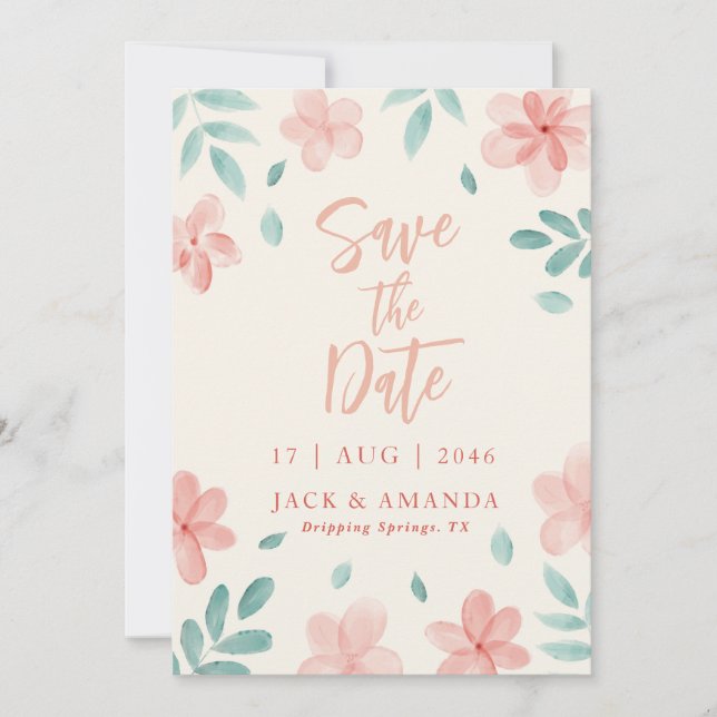 Chic Watercolor Rosa Blommigt Bröllop spara datum Inbjudningar (Framsida)