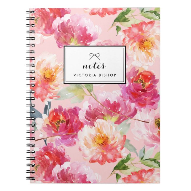 Chic Watercolor Rosa Peonies Blommönster Anteckningsbok (Framsidan)
