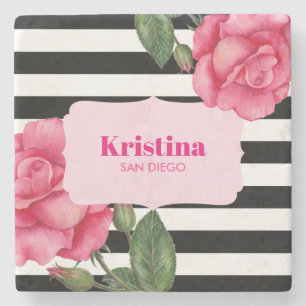 Chic Watercolor Rosa ros Black White Rand Stenunderlägg