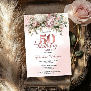 Chic Watercolor Rose Gold Blush Blommig 50 Födelse Inbjudningar