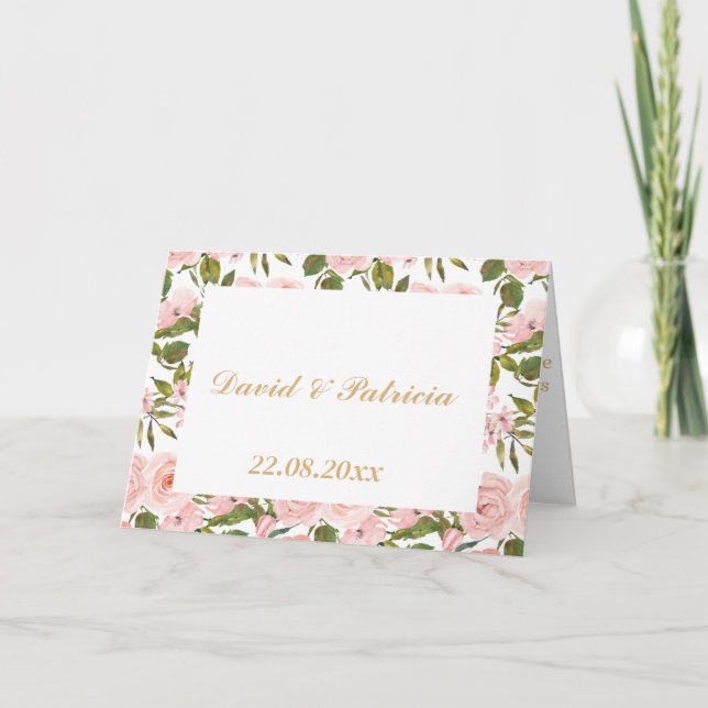 Chic Watercolor Rustic Rosa Blommigt Bröllop Tack Kort (Framsida)