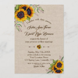 Chic Watercolor Sunwers Linen Canvas Bröllop Inbjudningar