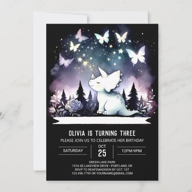 Chic Watercolor Triceratops Birthday Inbjudningar (Framsida)