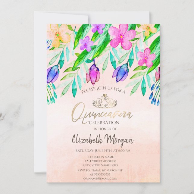 Chic Watercolor Vår blommor Quinceañera Inbjudningar (Framsida)